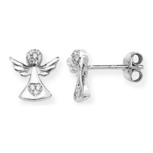 Sterling Silver Angel Heart CZ Stud Earrings