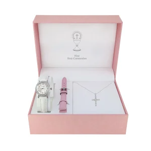 Communion Watch Set with pink strap and Cz Cross